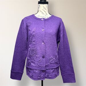 Coldwater Creek M Purple 100% Wool Embroidered Button Front Floral Cardigan VTG‎